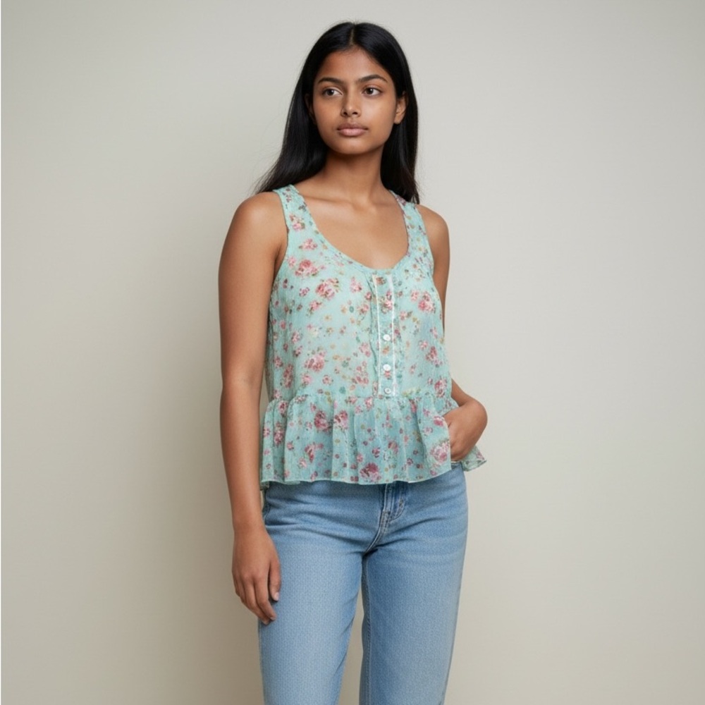 Iris Basic Floral Ruffle Peplum Sheer Cottagecore Tank Medium